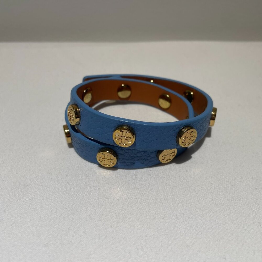 Tory Burch Light Blue Double Wrap Logo Stud Leather Bracelet